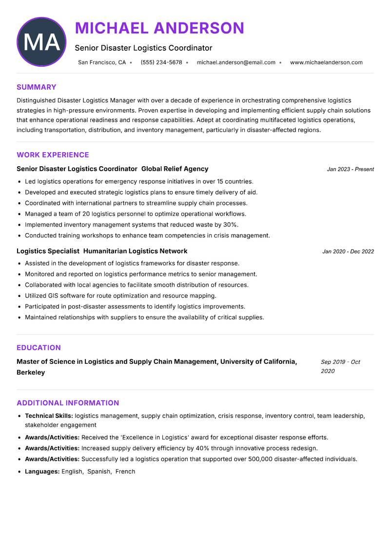 Disaster Logistics Manager Resume Preview Example