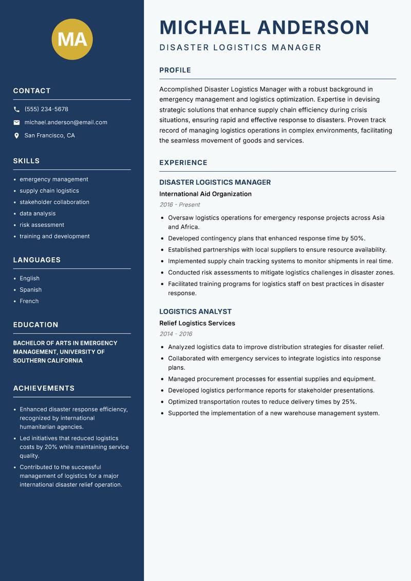 Disaster Logistics Manager Resume Preview Example