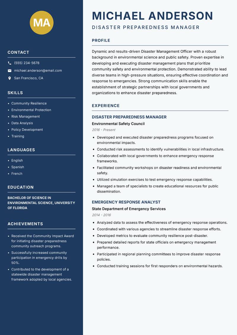 Disaster Management Officer Resume Preview Example