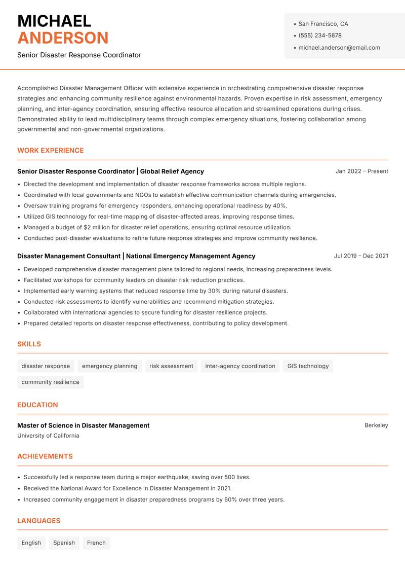 Disaster Management Officer Resume Template