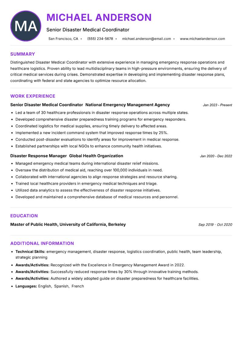 Disaster Medical Coordinator Resume Preview Example