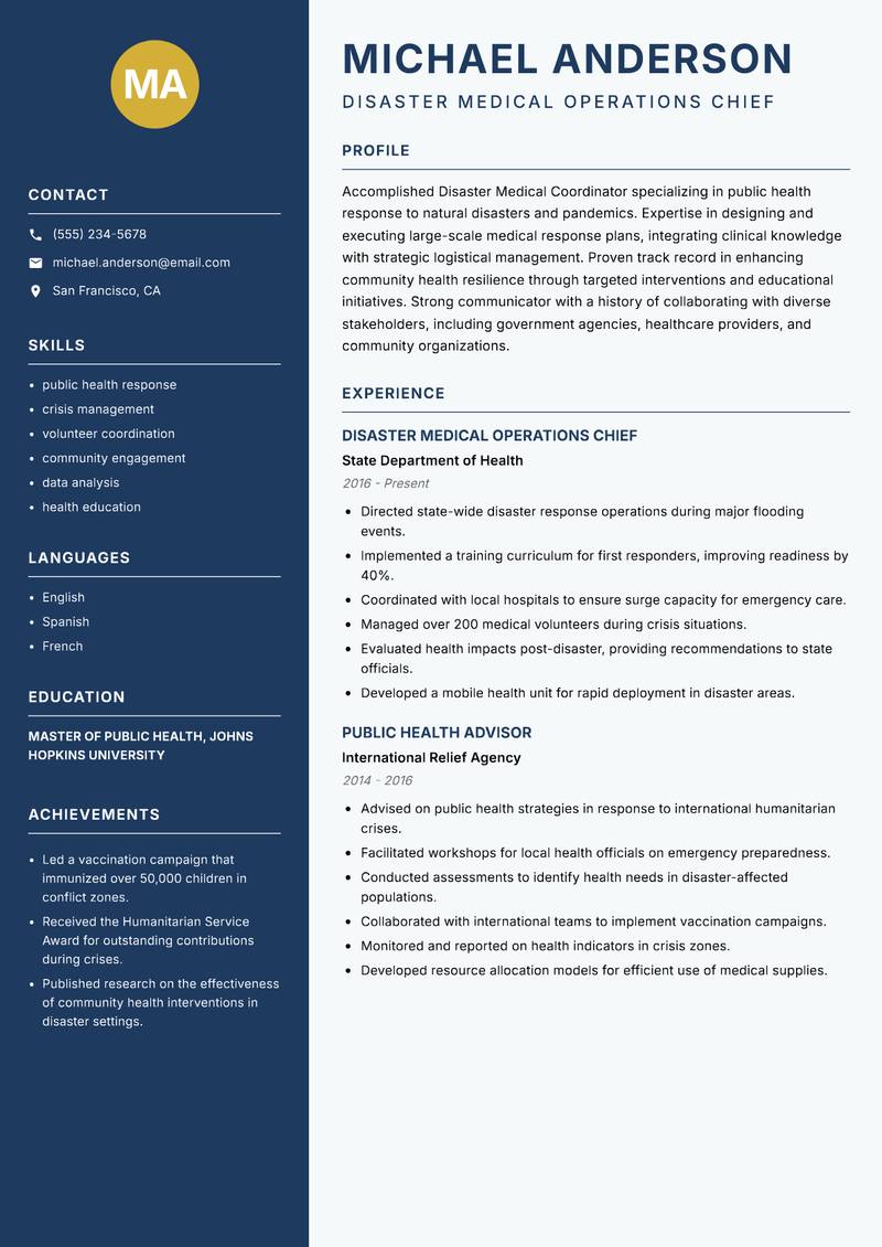 Disaster Medical Coordinator Resume Preview Example