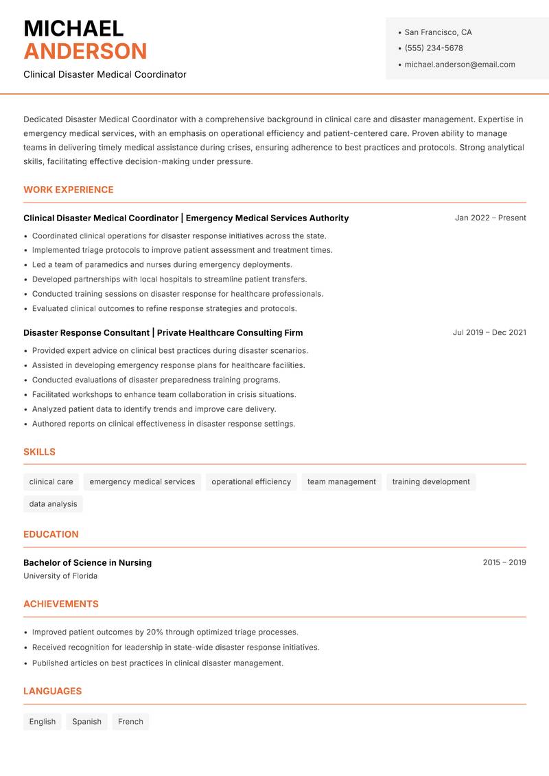 Disaster Medical Coordinator Resume Template