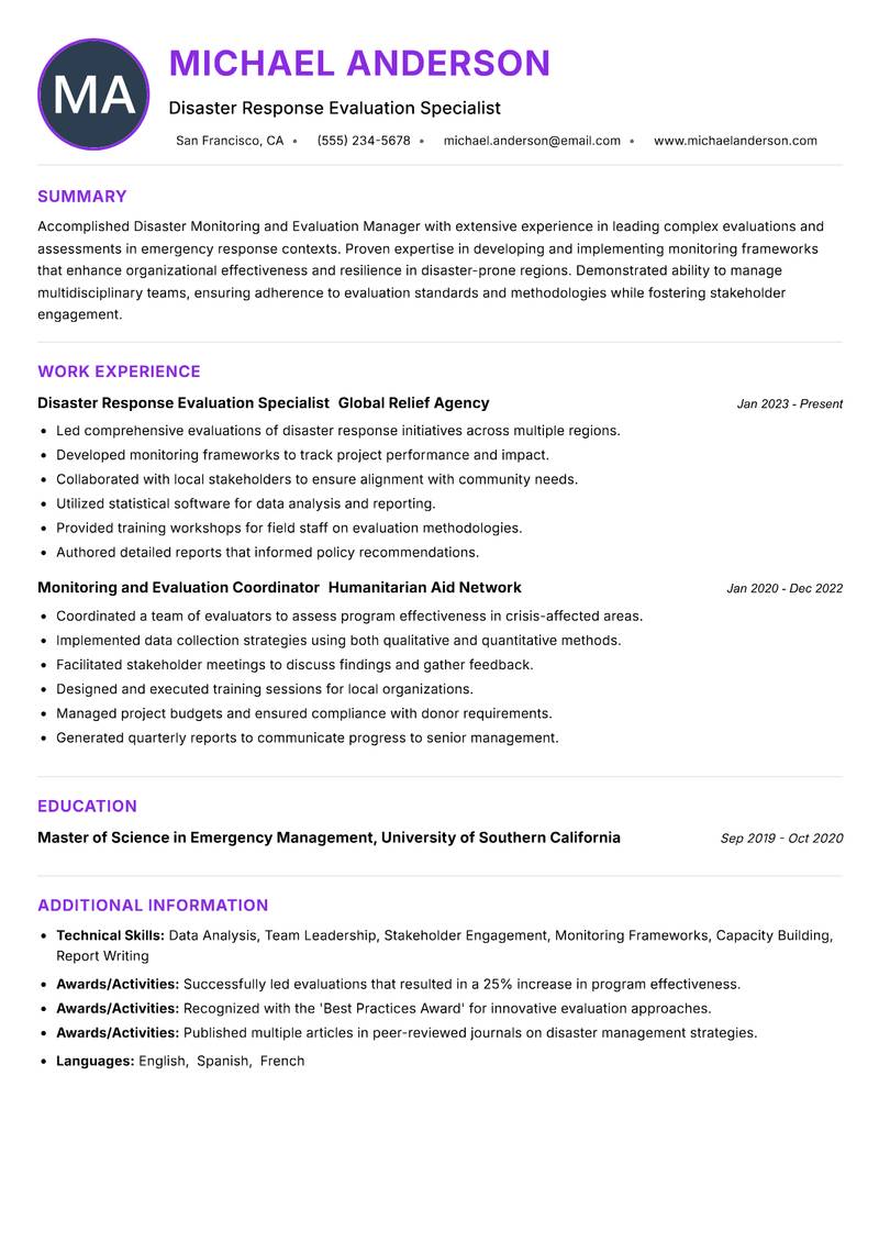 Disaster Monitoring and Evaluation Manager Resume Preview Example