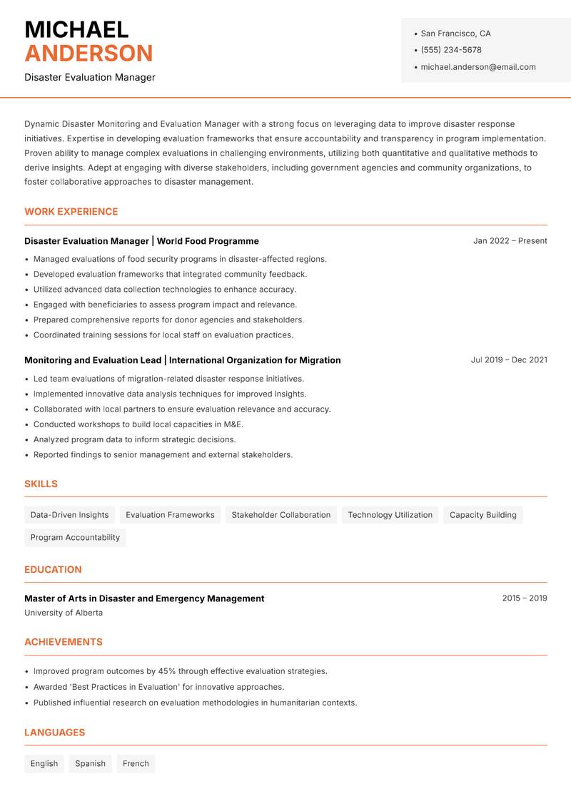 Disaster Monitoring and Evaluation Manager Resume Template