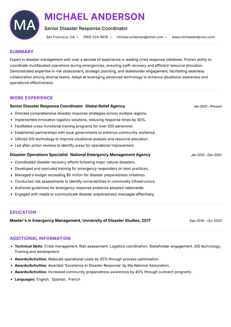 Disaster Operations Manager Resume Preview Example