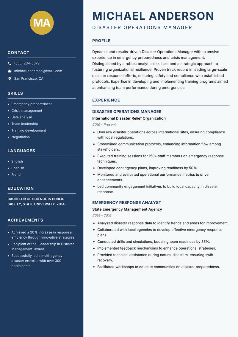 Disaster Operations Manager Resume Preview Example