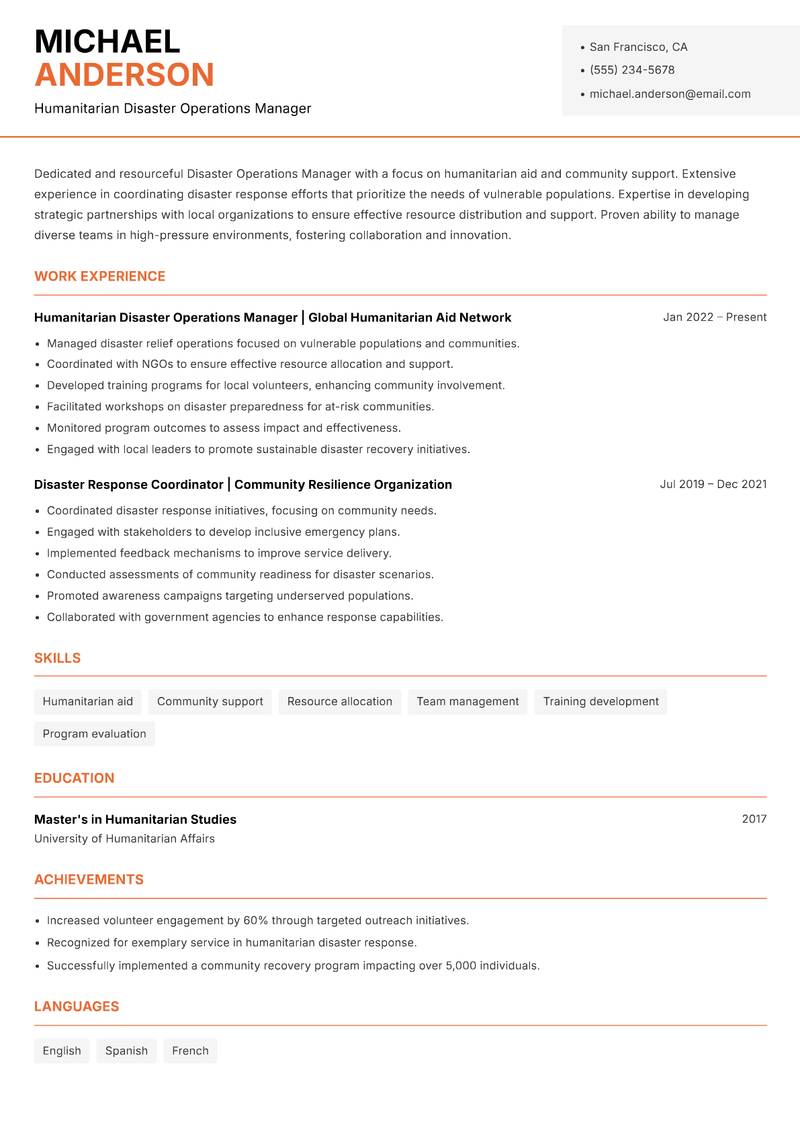 Disaster Operations Manager Resume Template