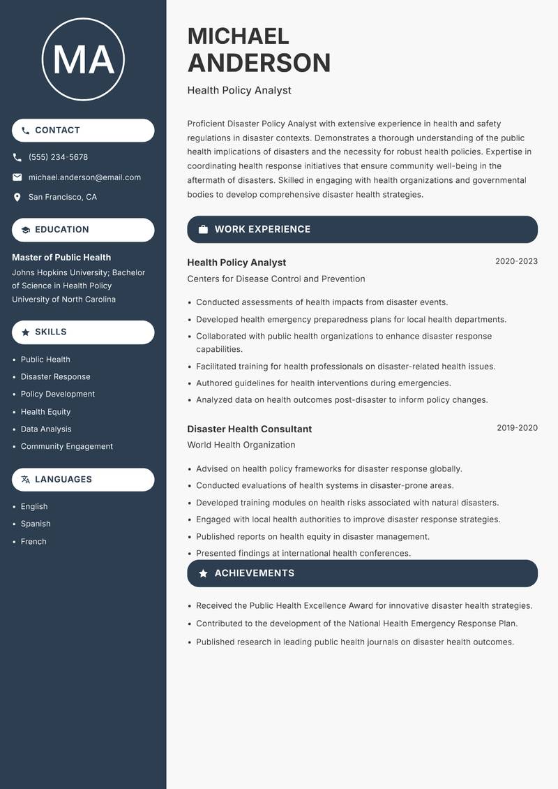 Disaster Policy Analyst Resume Preview Example
