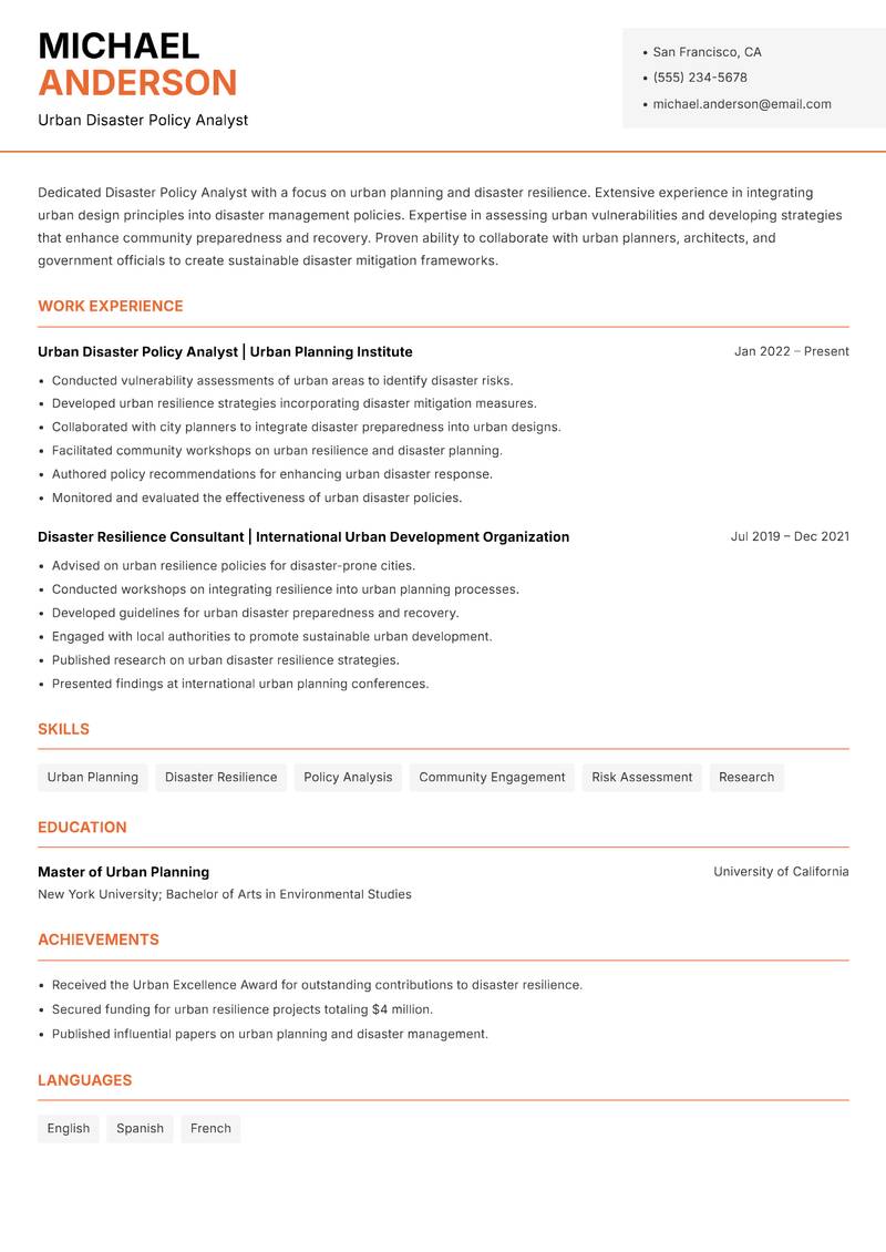 Disaster Policy Analyst Resume Template