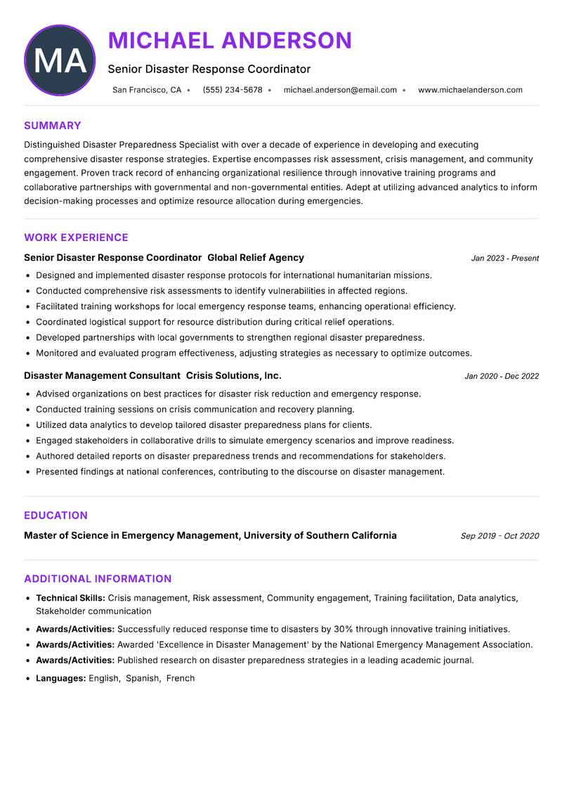 Disaster Preparedness Specialist Resume Preview Example