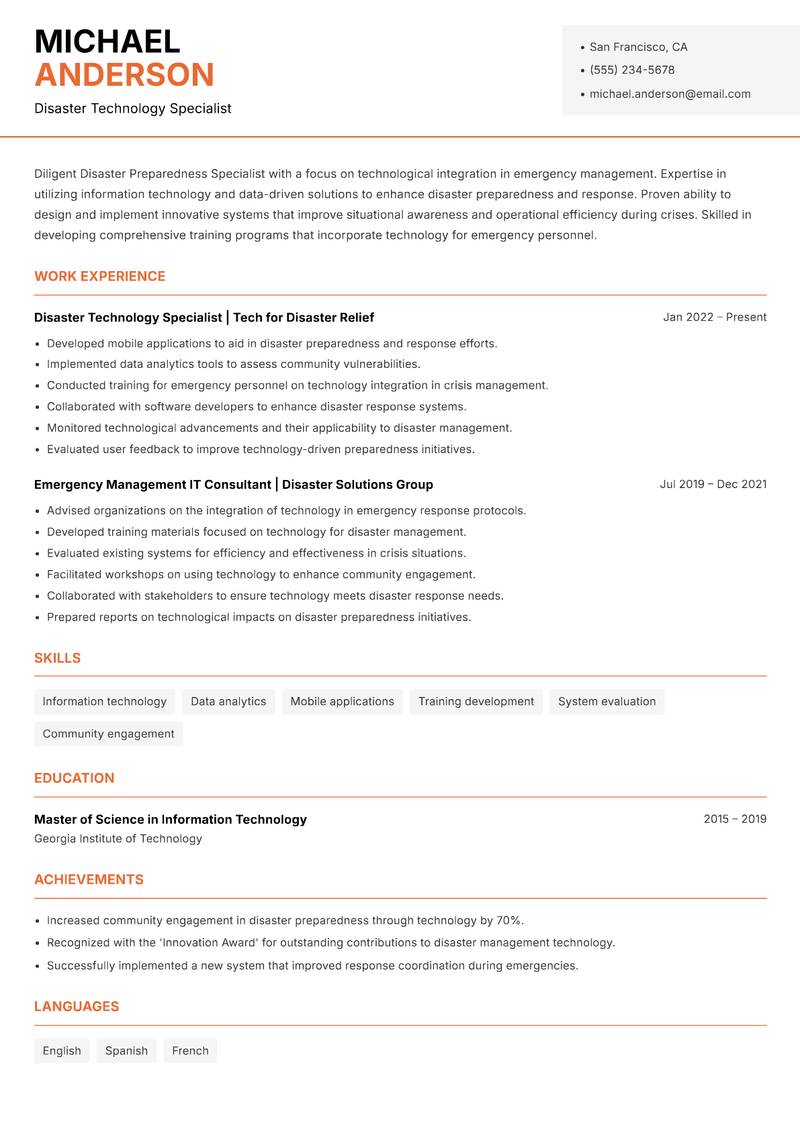 Disaster Preparedness Specialist Resume Template