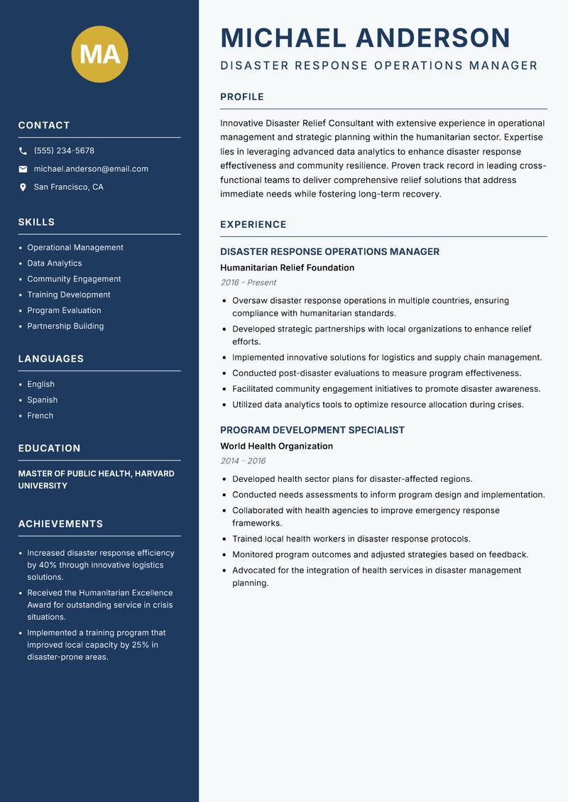 Disaster Relief Consultant Resume Preview Example