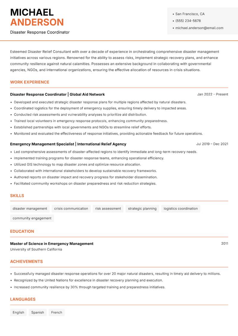 Disaster Relief Consultant Resume Template
