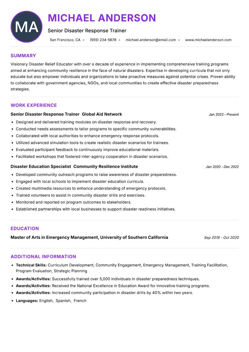 Disaster Relief Educator Resume Preview Example