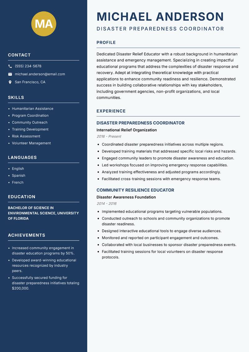 Disaster Relief Educator Resume Preview Example