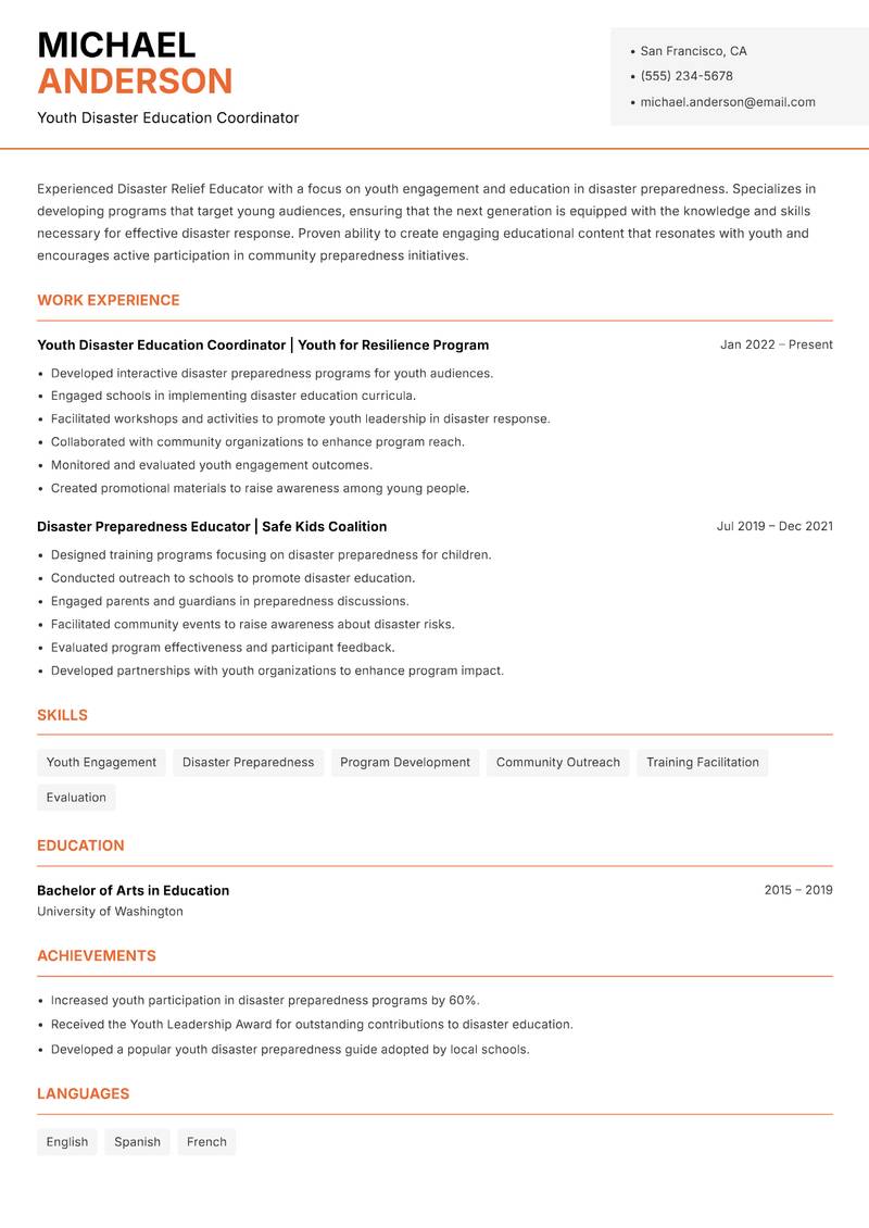 Disaster Relief Educator Resume Template