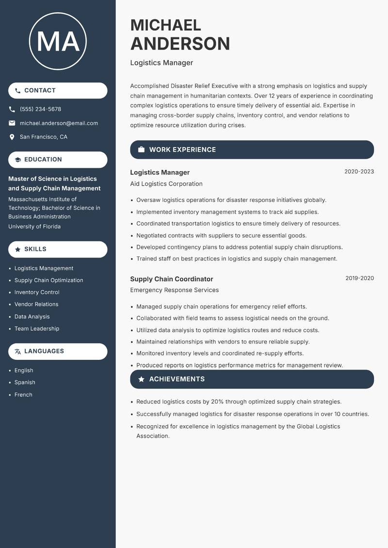 Disaster Relief Executive Resume Preview Example