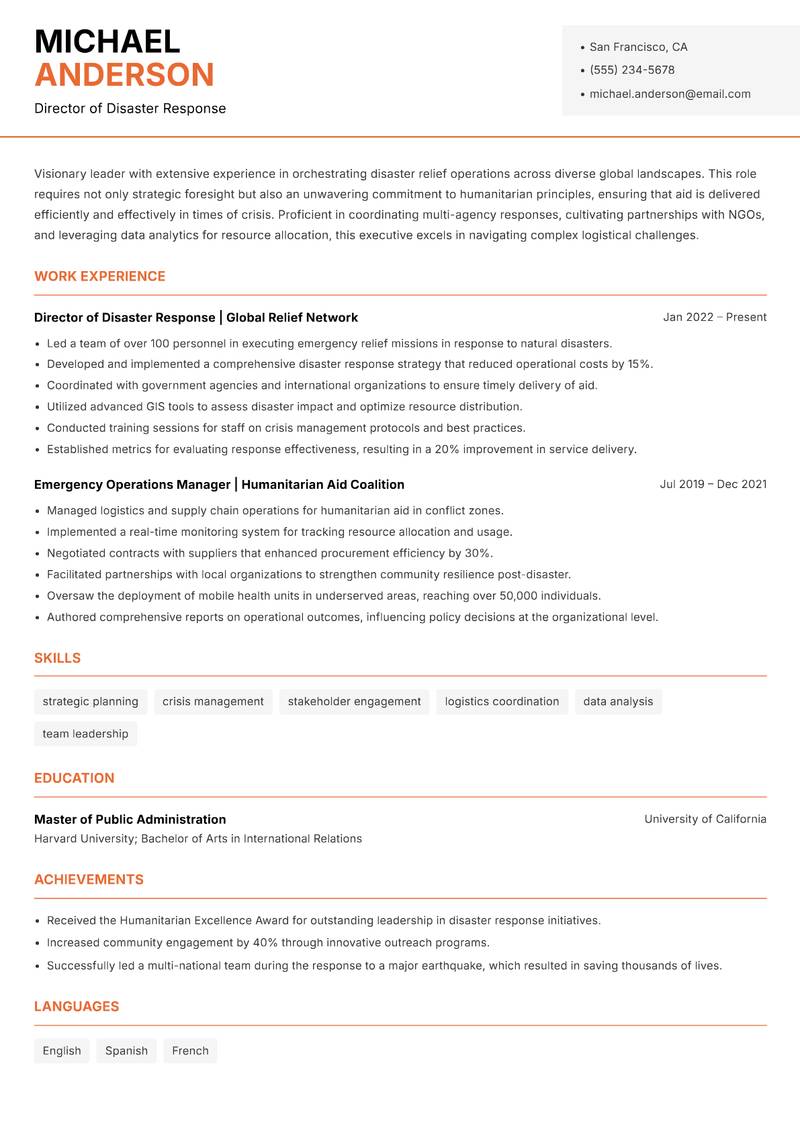 Disaster Relief Executive Resume Template