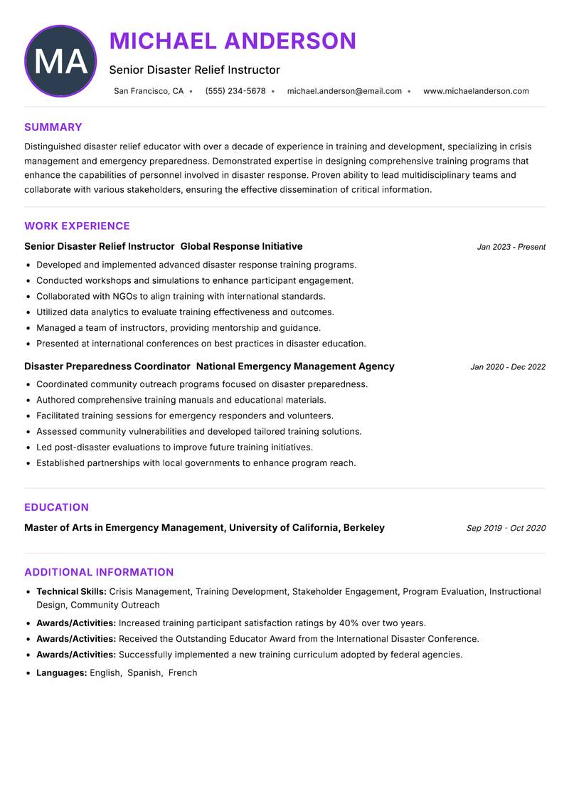 Disaster Relief Instructor Resume Preview Example