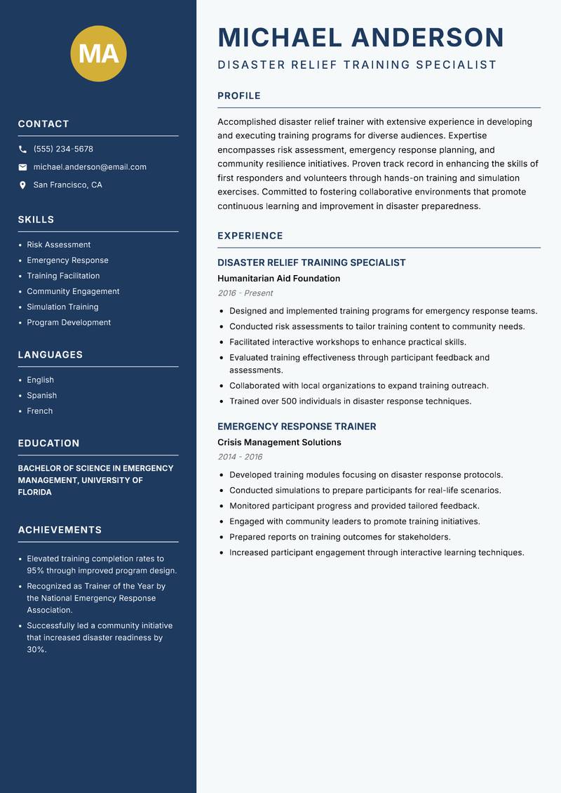 Disaster Relief Instructor Resume Preview Example