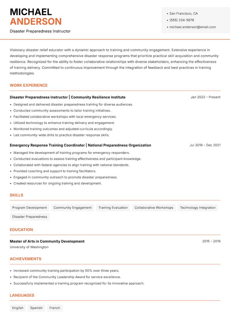 Disaster Relief Instructor Resume Template