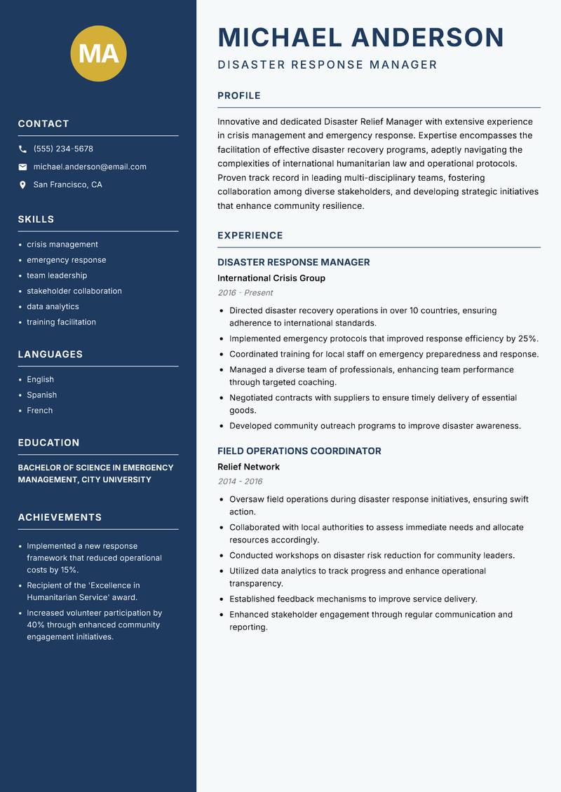 Disaster Relief Manager Resume Preview Example