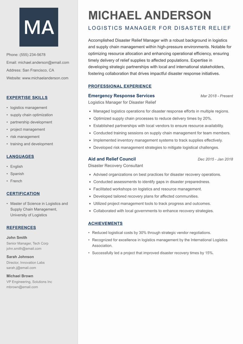 Disaster Relief Manager Resume Preview Example