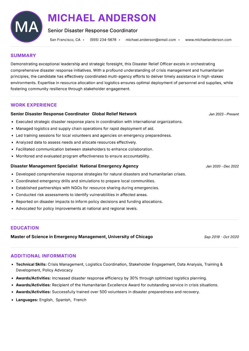 Disaster Relief Officer Resume Preview Example