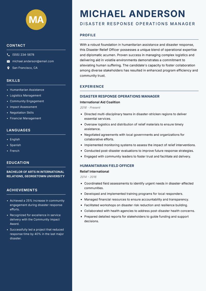 Disaster Relief Officer Resume Preview Example