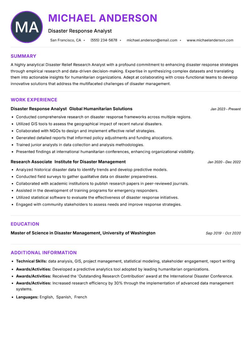 Disaster Relief Research Analyst Resume Preview Example