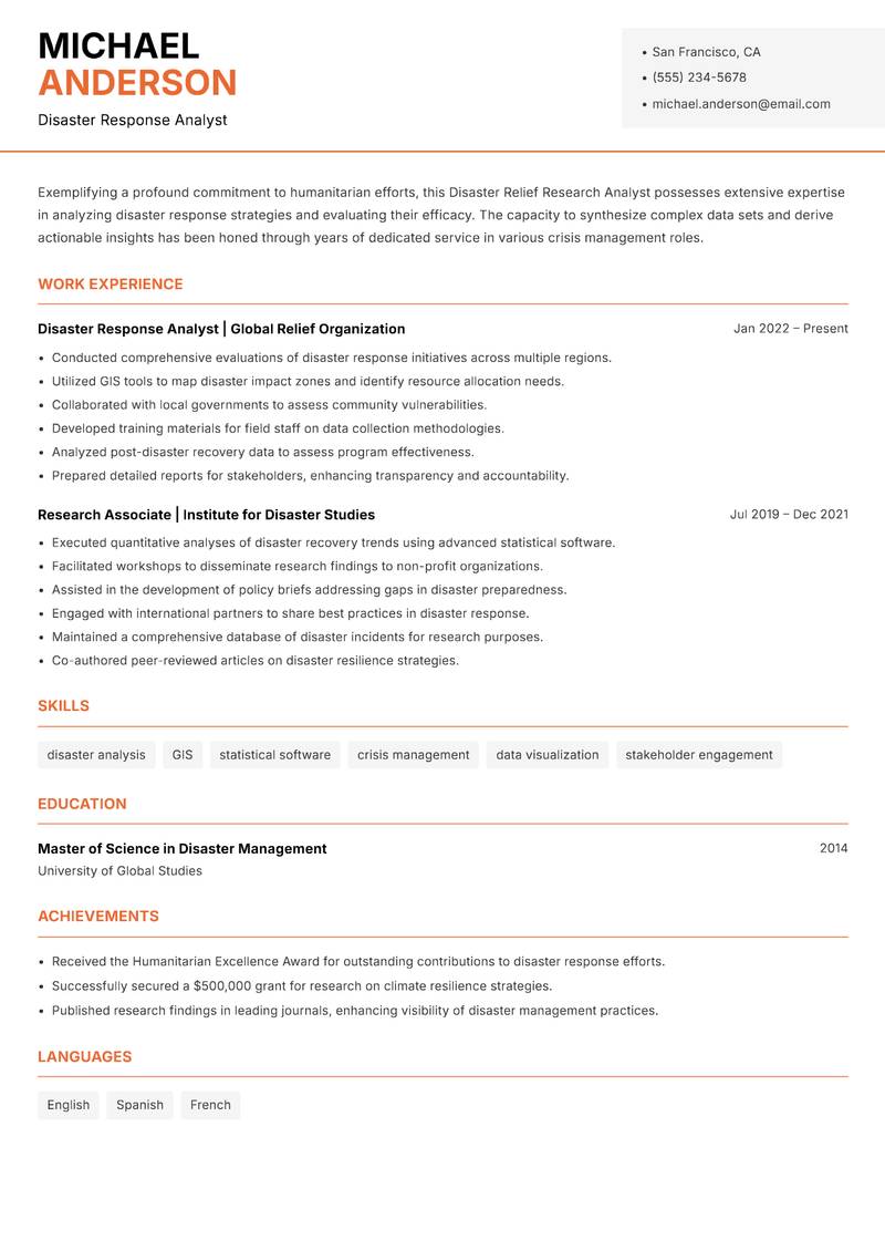 Disaster Relief Research Analyst Resume Template