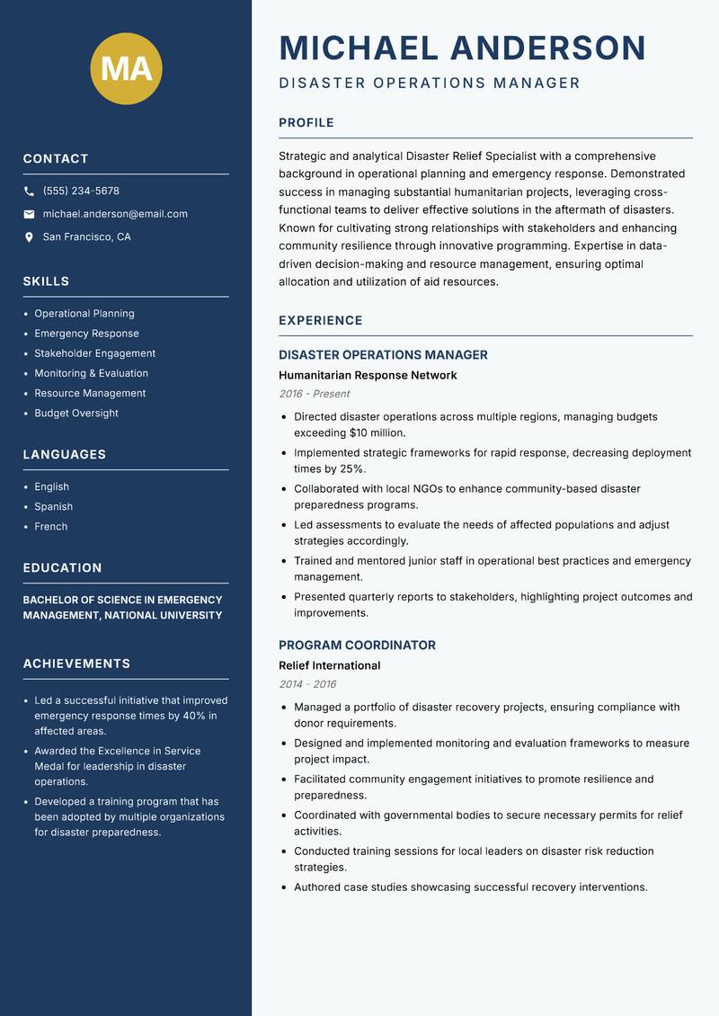 Disaster Relief Specialist Resume Preview Example