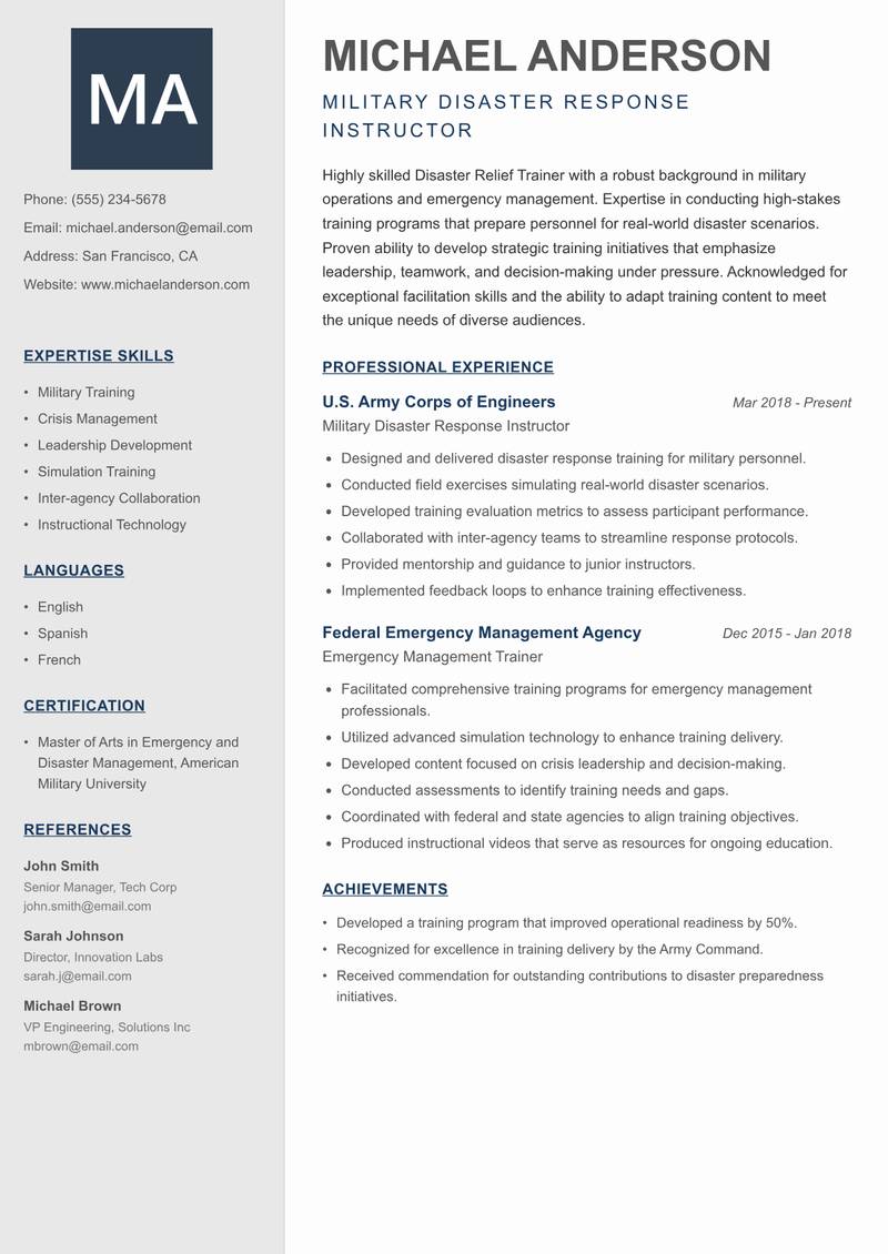 Disaster Relief Trainer Resume Preview Example