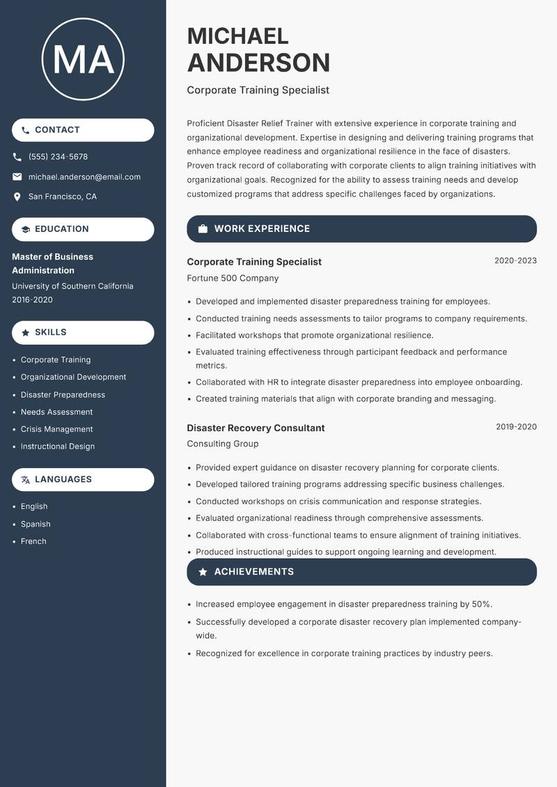 Disaster Relief Trainer Resume Preview Example