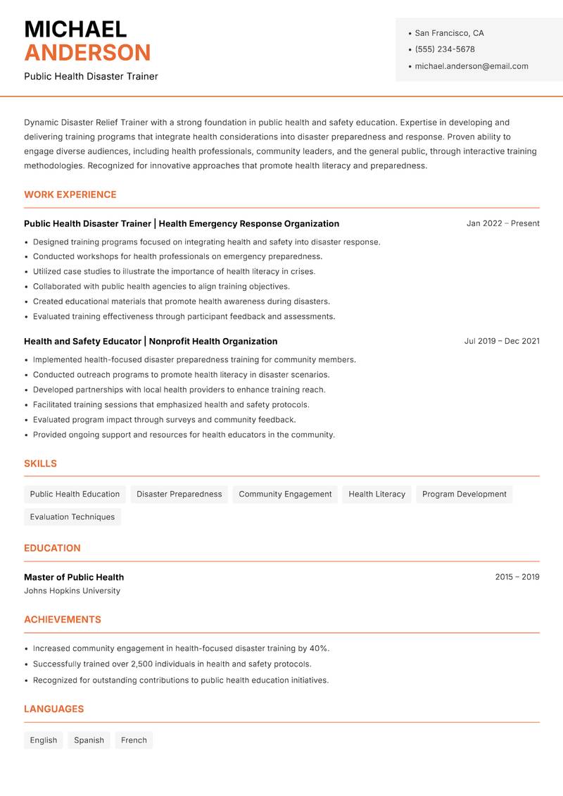 Disaster Relief Trainer Resume Template