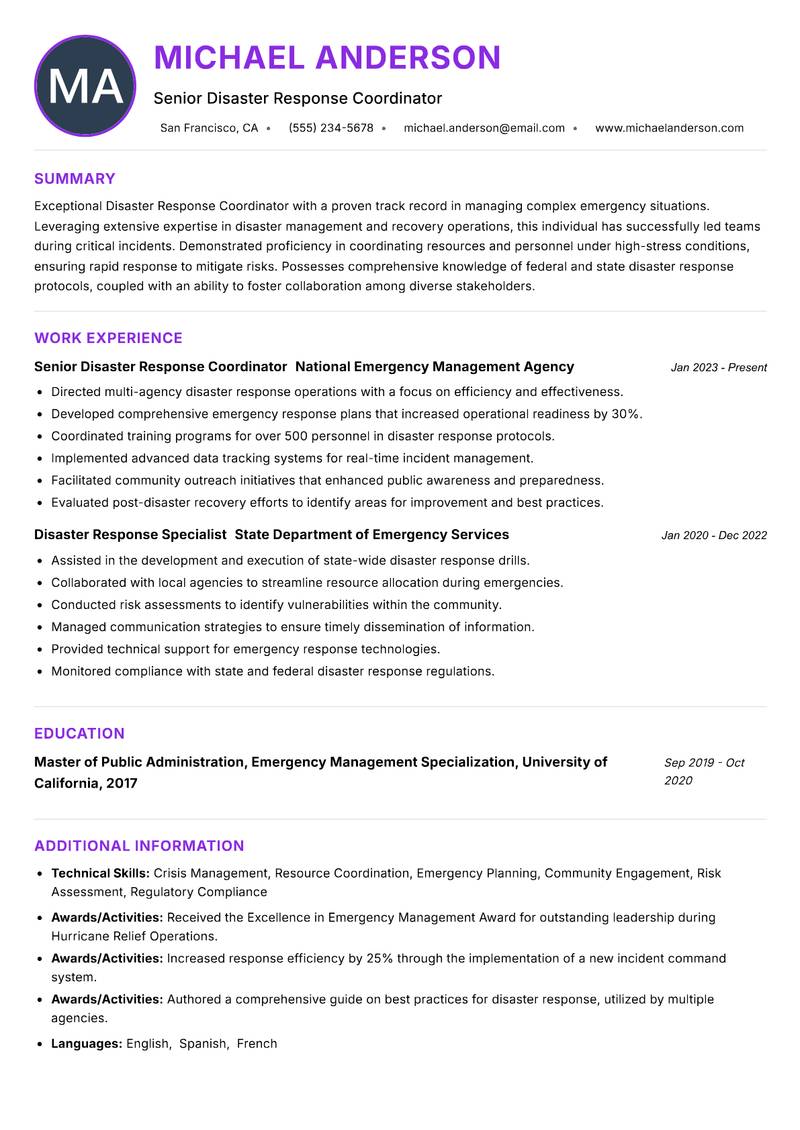 Disaster Response Coordinator Resume Preview Example