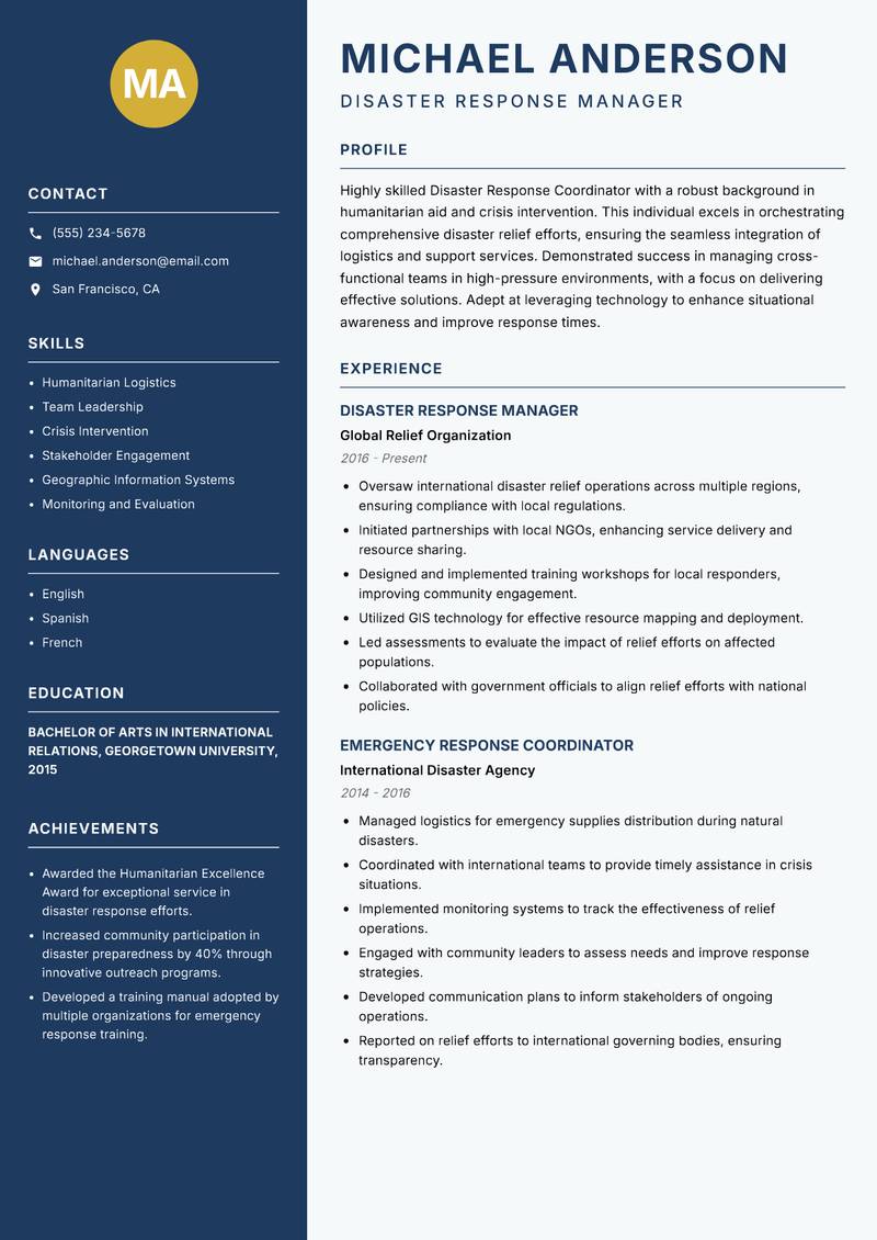 Disaster Response Coordinator Resume Preview Example