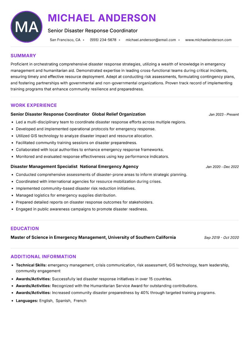 Disaster Response Officer Resume Preview Example