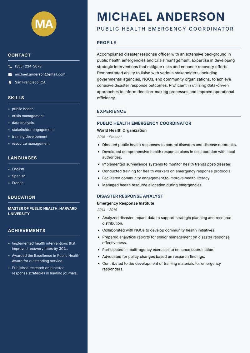 Disaster Response Officer Resume Preview Example