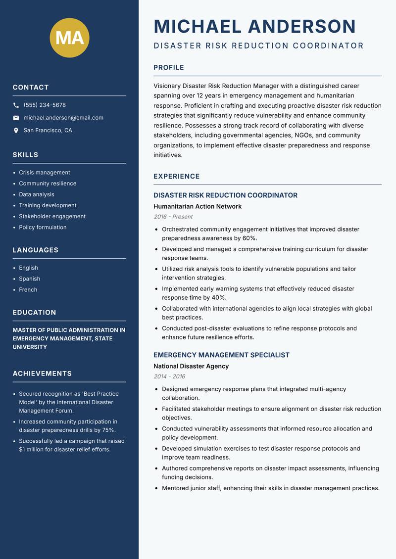 Disaster Risk Reduction Manager Resume Preview Example