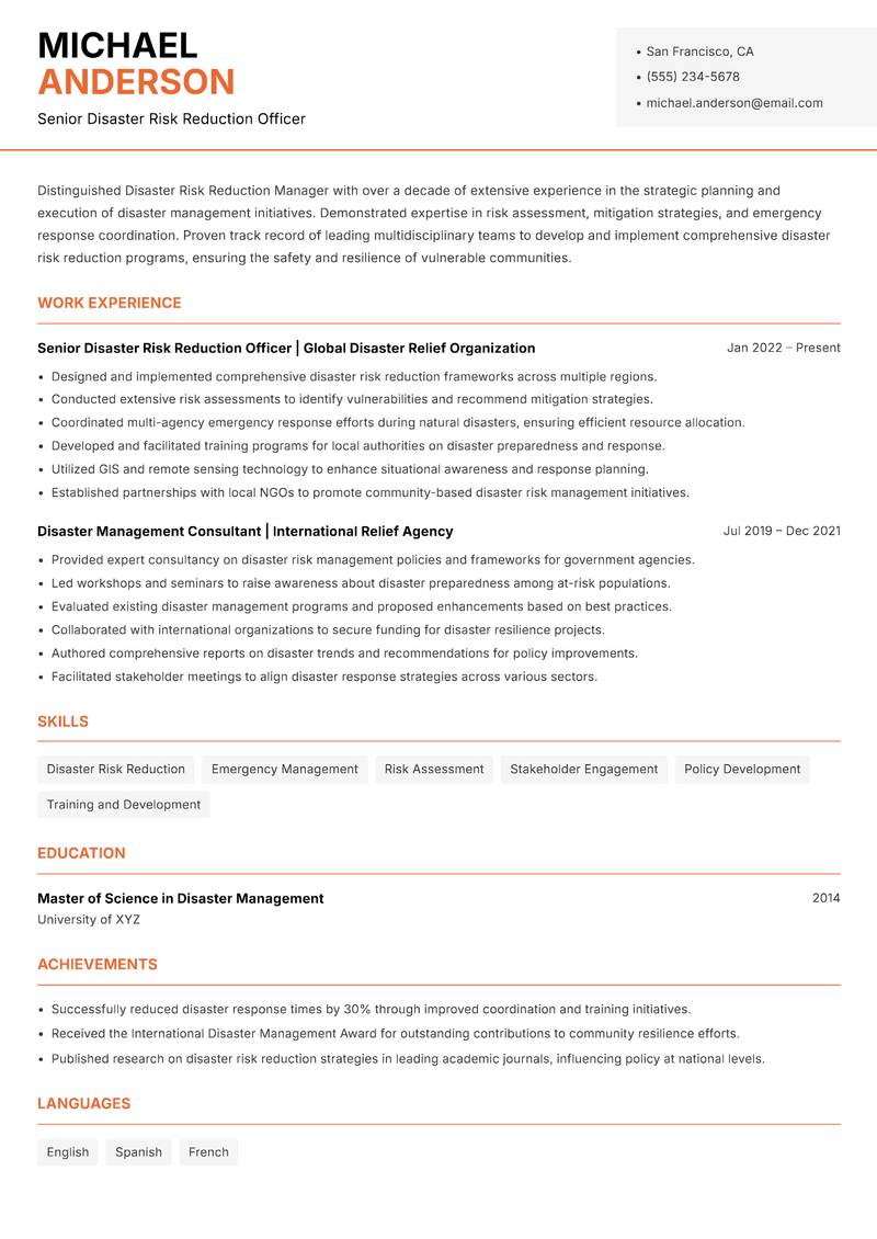 Disaster Risk Reduction Manager Resume Template