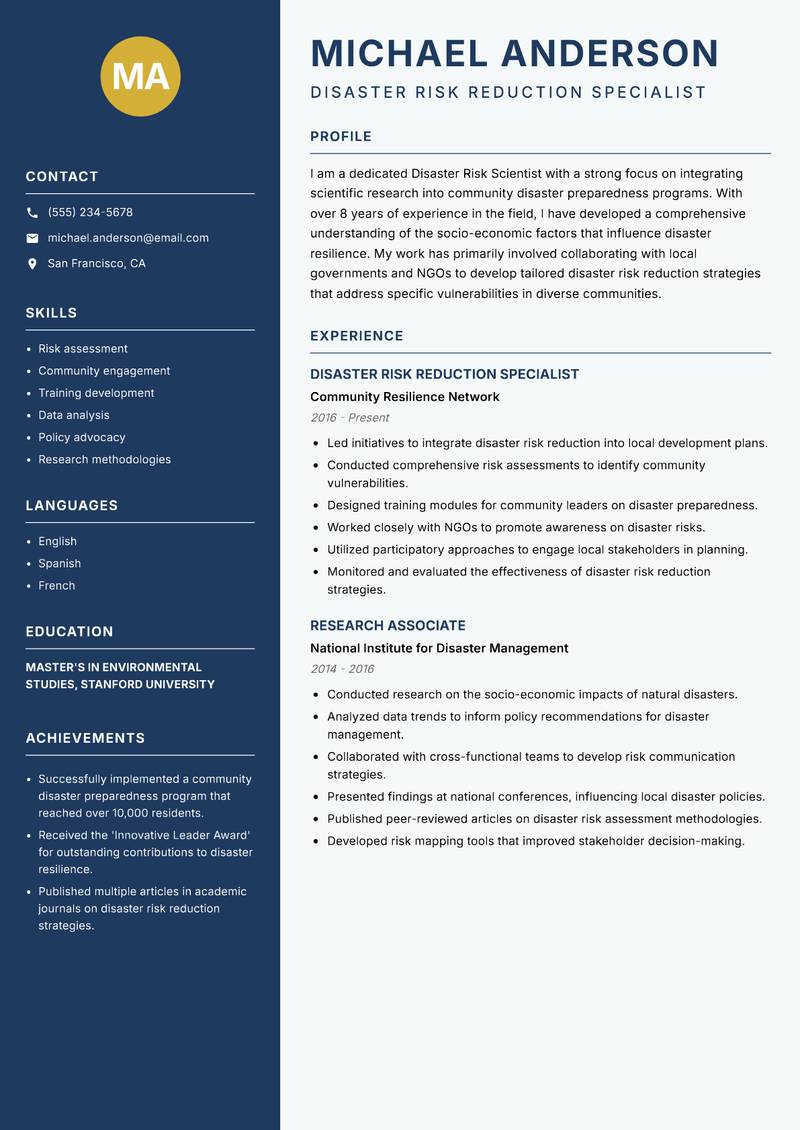 Disaster Risk Scientist Resume Preview Example