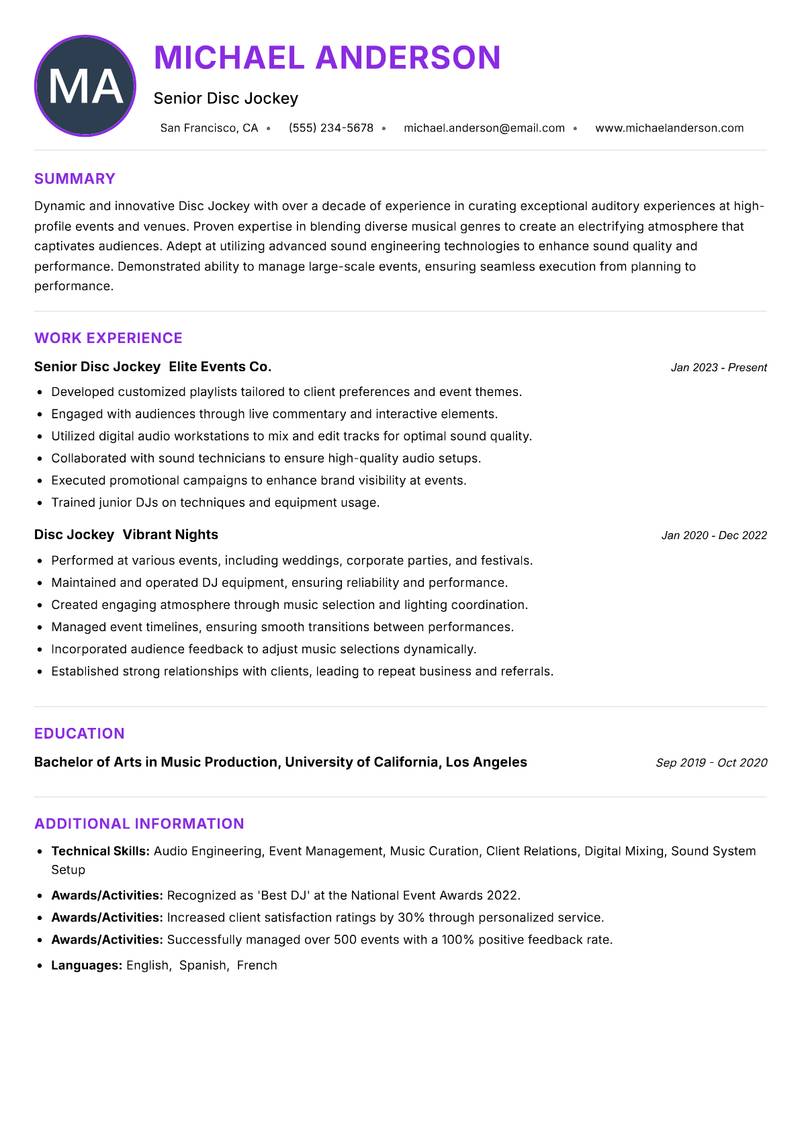 Disc Jockey Resume Preview Example