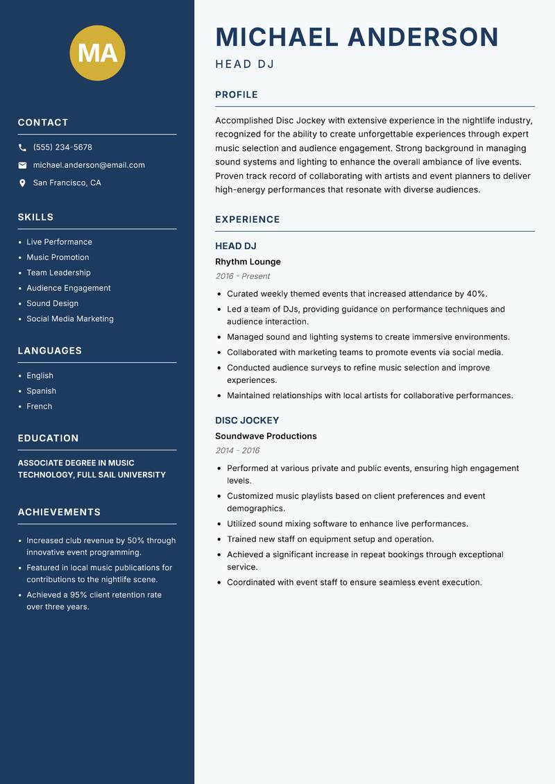 Disc Jockey Resume Preview Example