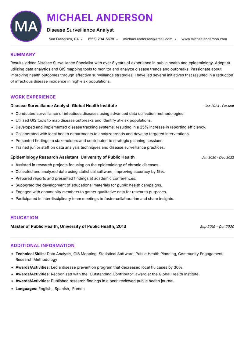 Disease Surveillance Specialist Resume Preview Example