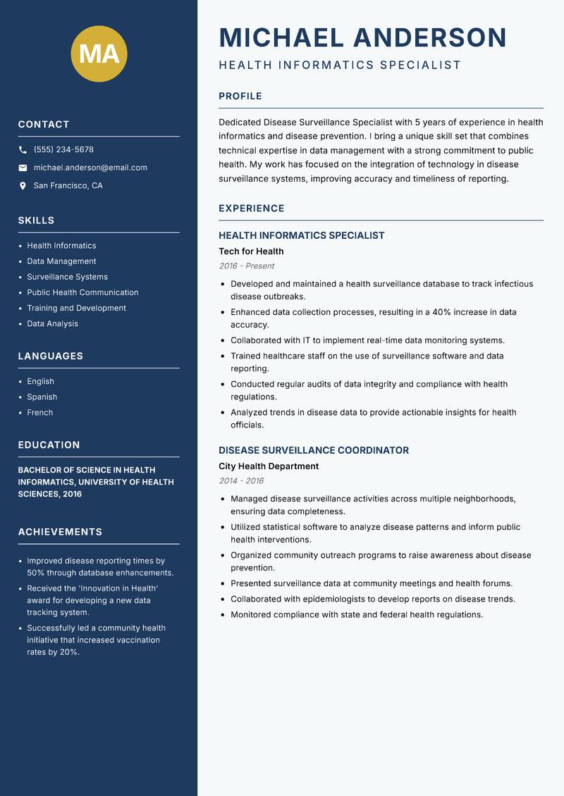 Disease Surveillance Specialist Resume Preview Example
