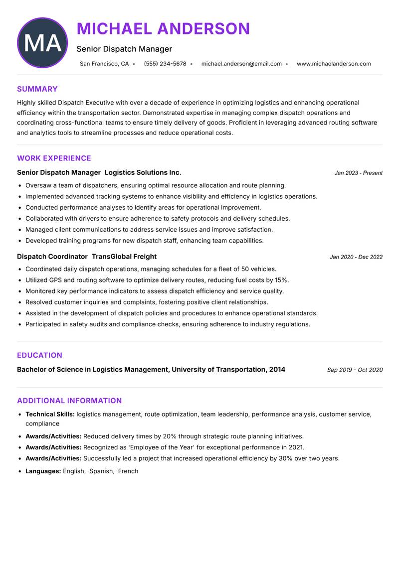 Dispatch Executive Resume Preview Example