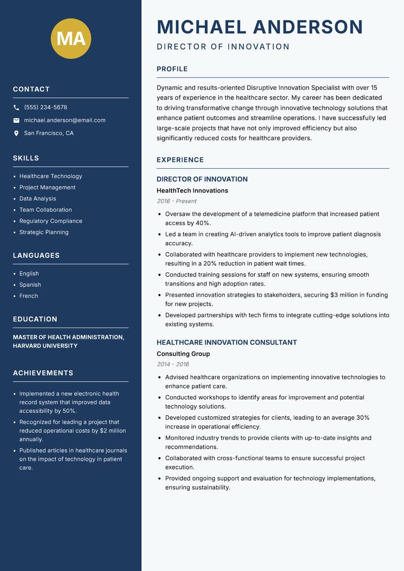 Disruptive Innovation Specialist Resume Preview Example