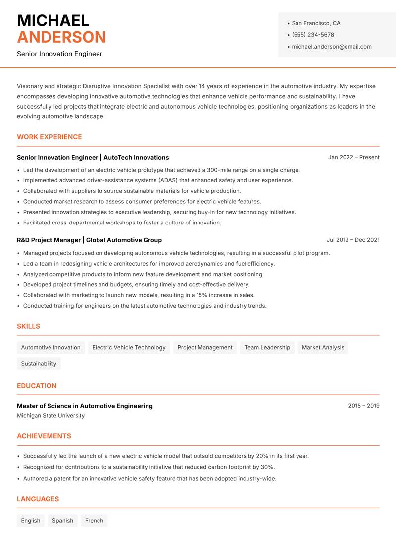 Disruptive Innovation Specialist Resume Template